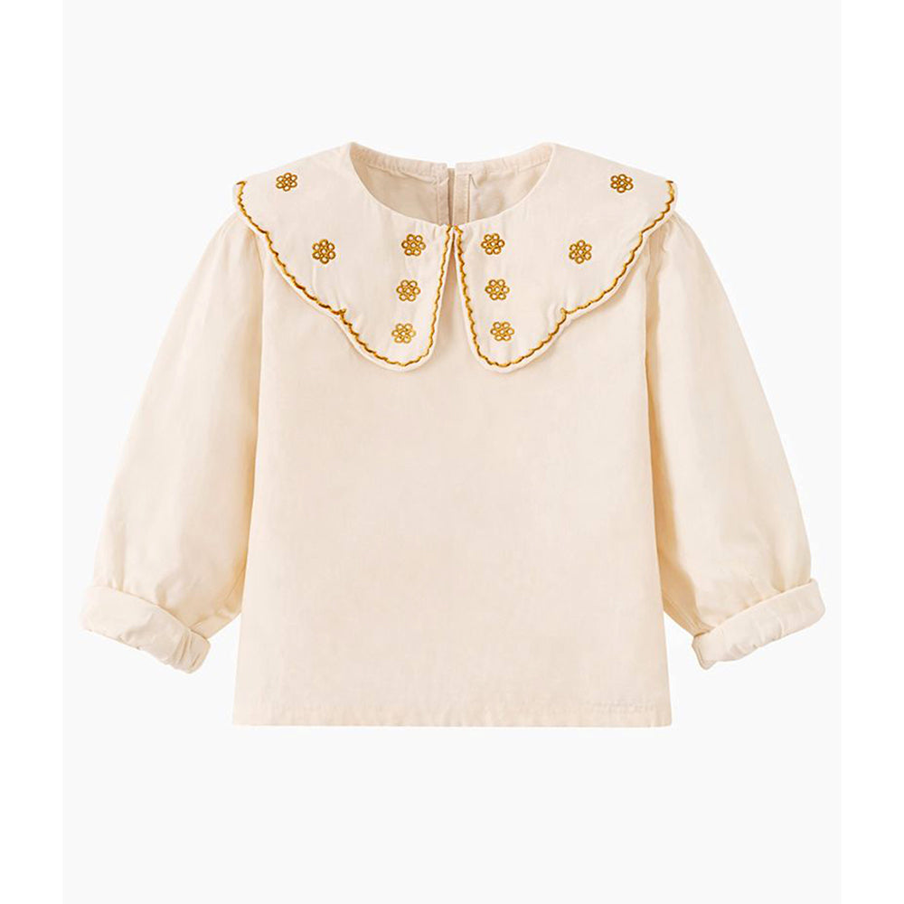 3 Pcs Set,Cream Peter Pan Collared Floral Knitted Cardigan,T-shirt,& Denims Partywear for Girls