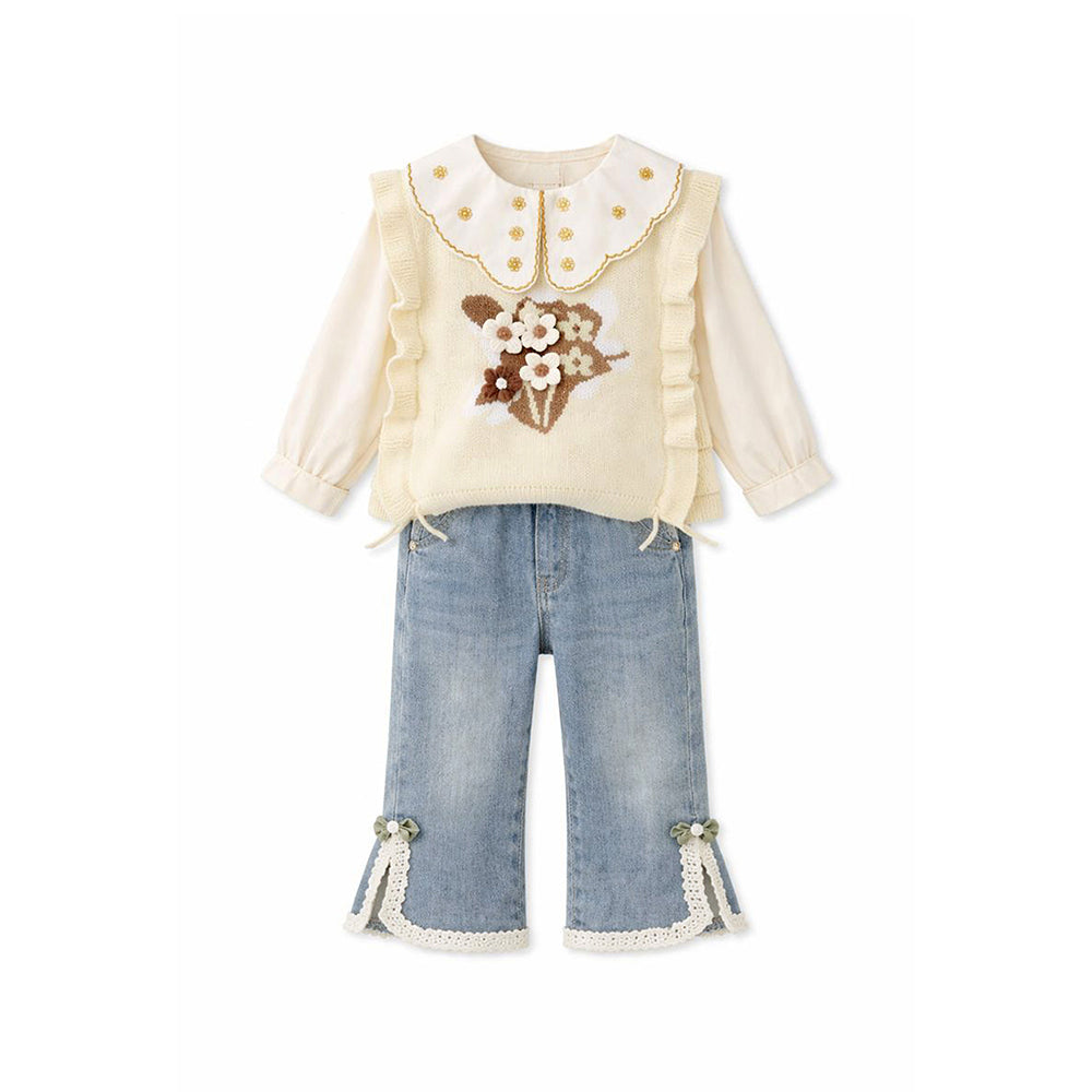 3 Pcs Set,Cream Peter Pan Collared Floral Knitted Cardigan,T-shirt,& Denims Partywear for Girls