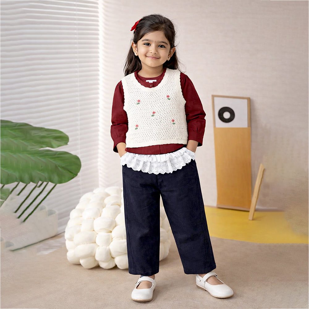 3 Pcs Set,Crochet Cardigan Vest,Maroon Shirt & Navy Frill Pants partywear for Girls