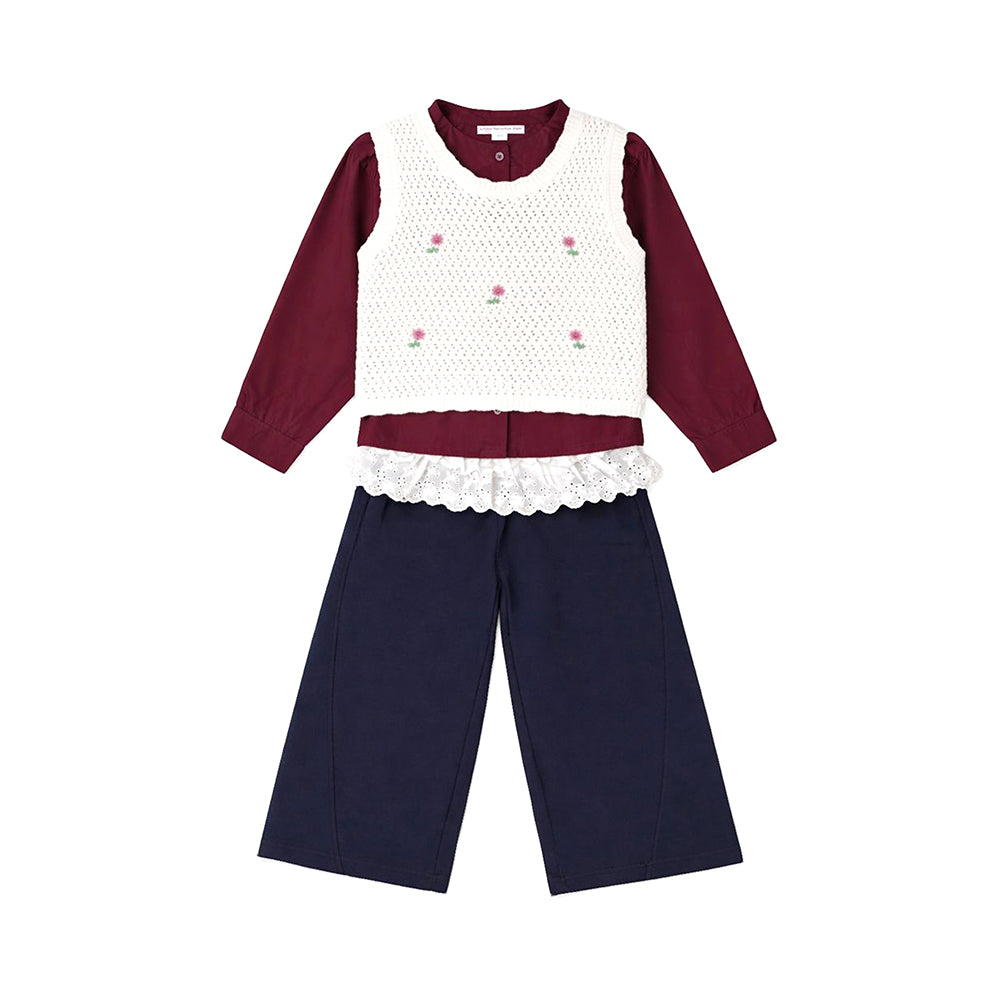 3 Pcs Set,Crochet Cardigan Vest,Maroon Shirt & Navy Frill Pants partywear for Girls