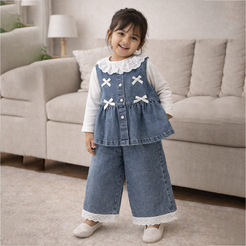 3 Pcs Set,Denim Bow Peplum- Style Top,Grey T-shirt & Denim Wide Leg Pants for Girls