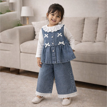 3 Pcs Set,Denim Bow Peplum- Style Top,Grey T-shirt & Denim Wide Leg Pants for Girls