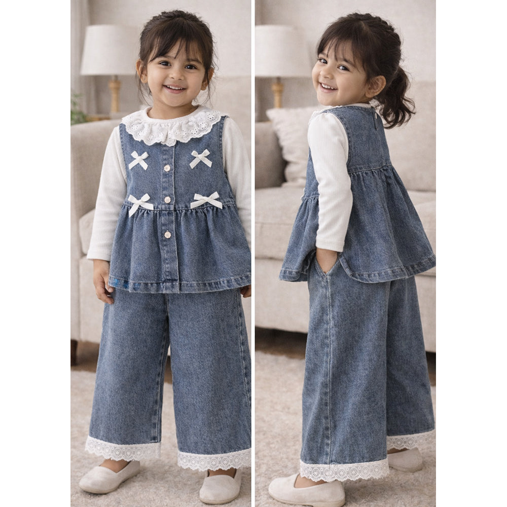 3 Pcs Set,Denim Bow Peplum- Style Top,Grey T-shirt & Denim Wide Leg Pants for Girls