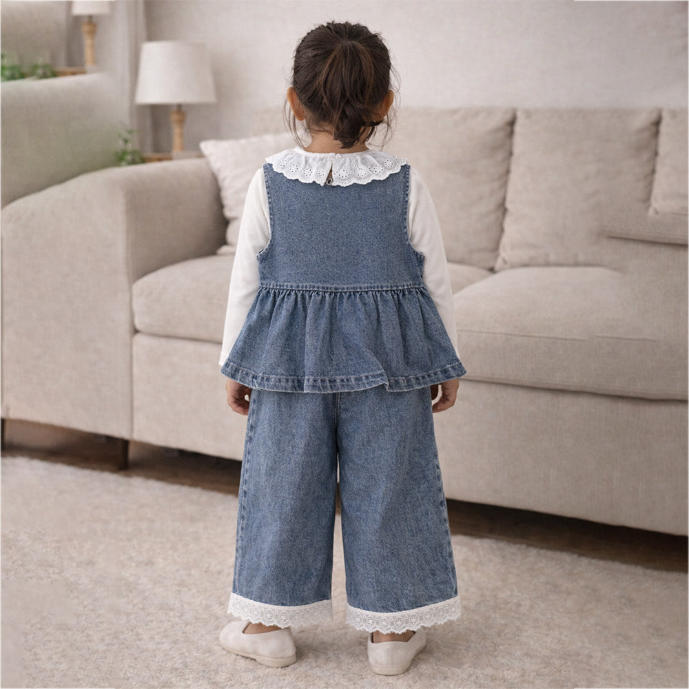 3 Pcs Set,Denim Bow Peplum- Style Top,Grey T-shirt & Denim Wide Leg Pants for Girls