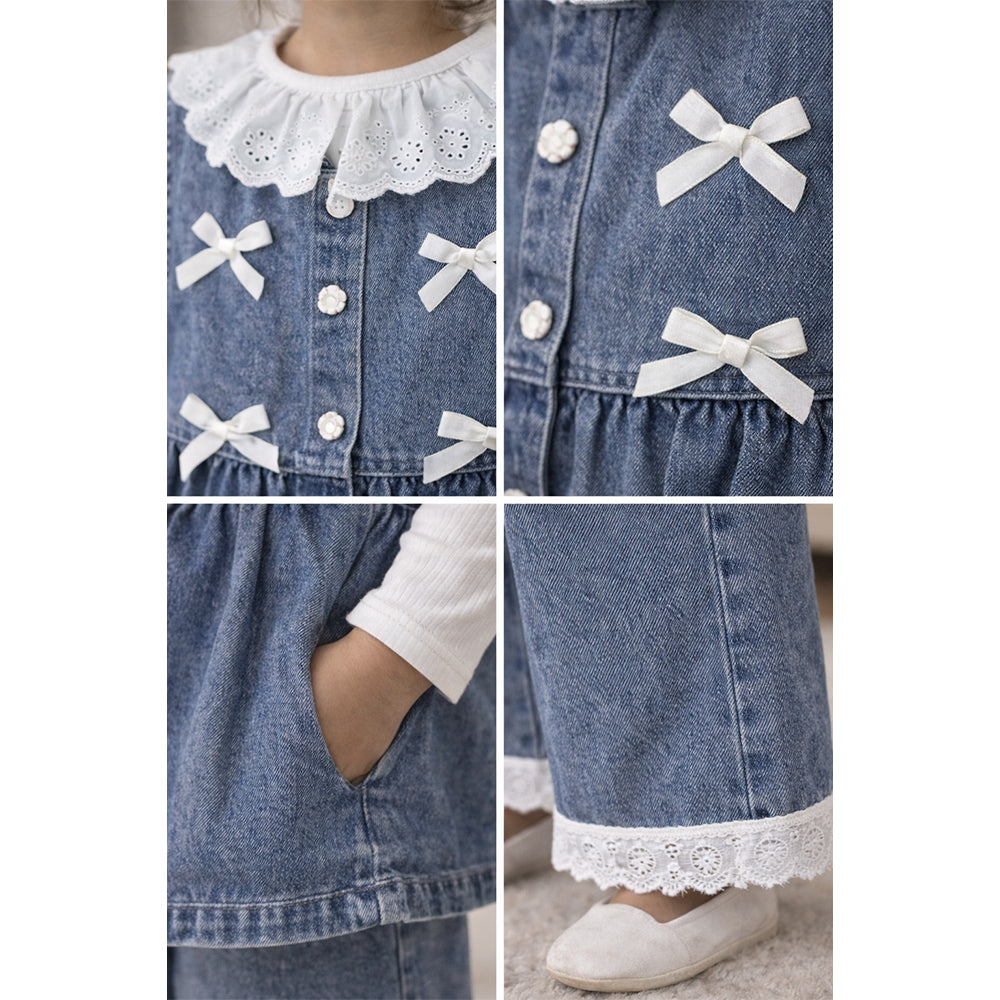 3 Pcs Set,Denim Bow Peplum- Style Top,Grey T-shirt & Denim Wide Leg Pants for Girls