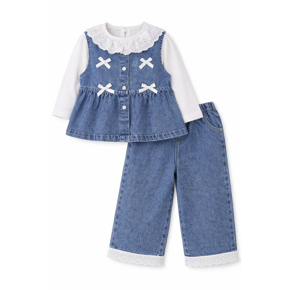 3 Pcs Set,Denim Bow Peplum- Style Top,Grey T-shirt & Denim Wide Leg Pants for Girls