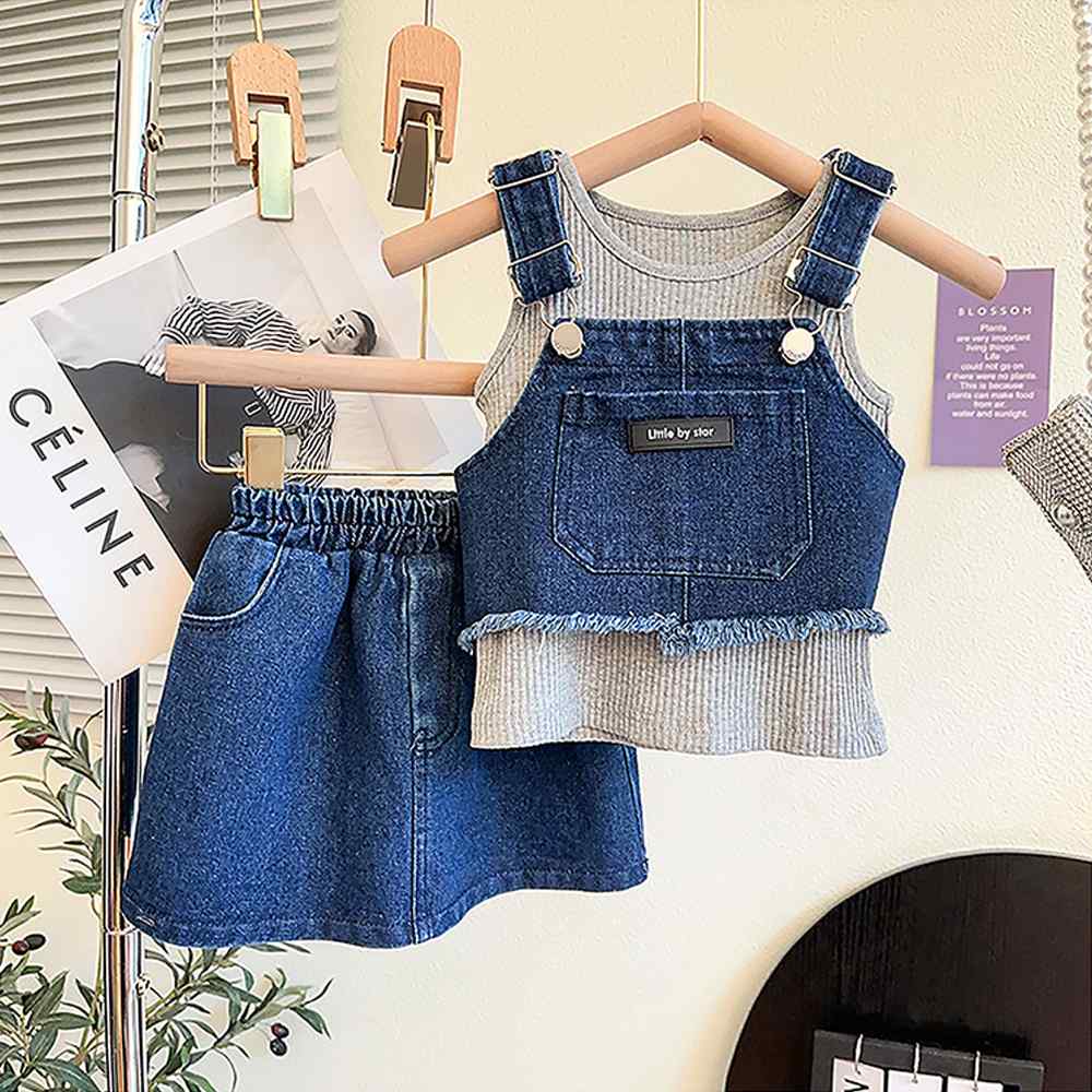 3pcs Denim Skirt and Dungary style clothing for Girls