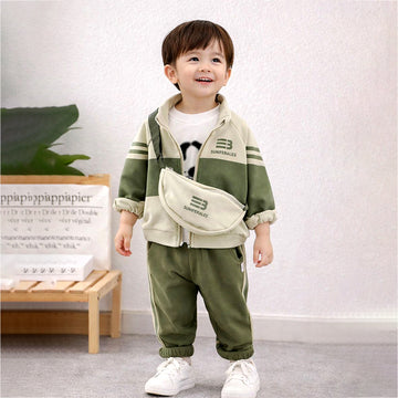 3 Pcs Set, Green Jacket, White T-shirt & Pants with Sling Bag for Kids