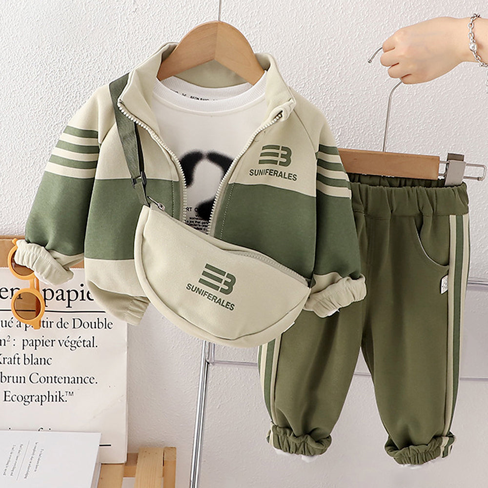 3 Pcs Set, Green Jacket, White T-shirt & Pants with Sling Bag for Kids