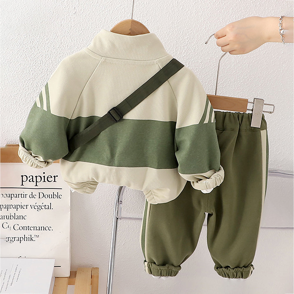 3 Pcs Set, Green Jacket, White T-shirt & Pants with Sling Bag for Kids