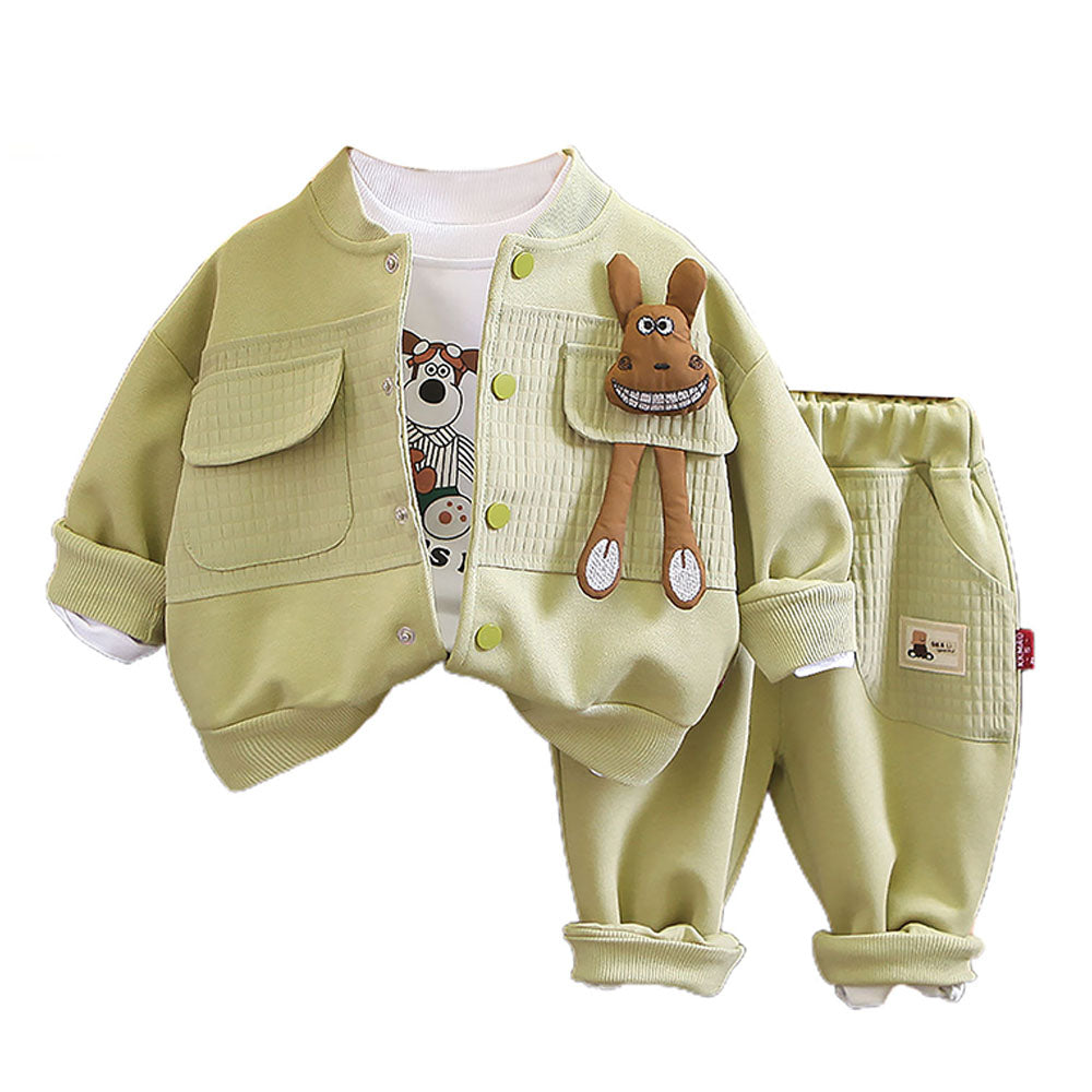 Olive Green Smiling Doggy Face Designed Jacket 3Pcs Track Suit Set For Toddlers And Kids