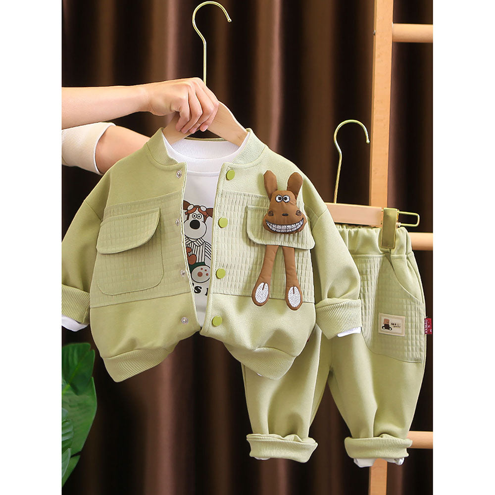 Olive Green Smiling Doggy Face Designed Jacket 3Pcs Track Suit Set For Toddlers And Kids