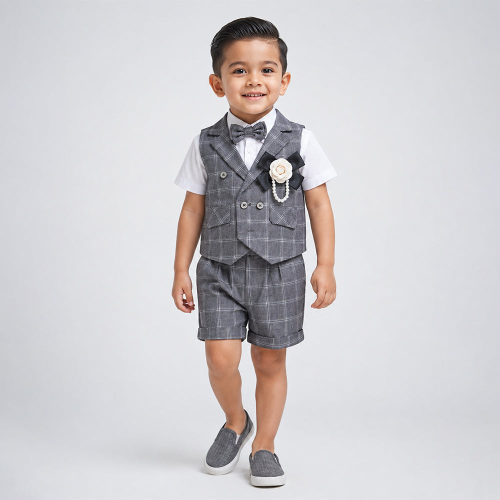 Grey checks High Low Waistcoat White Shirt & Shorts 3 Pcs Partywear Set with Bow Tie & Brooch accessory for Boys