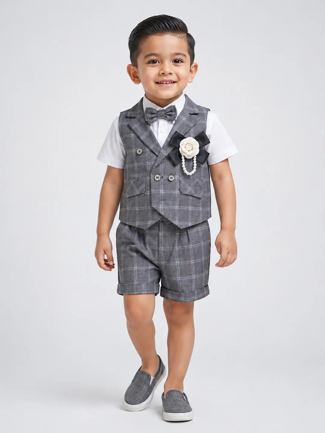 Grey checks High Low Waistcoat White Shirt & Shorts 3 Pcs Partywear Set with Bow Tie & Brooch accessory for Boys