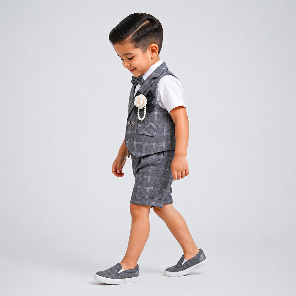 Grey checks High Low Waistcoat White Shirt & Shorts 3 Pcs Partywear Set with Bow Tie & Brooch accessory for Boys