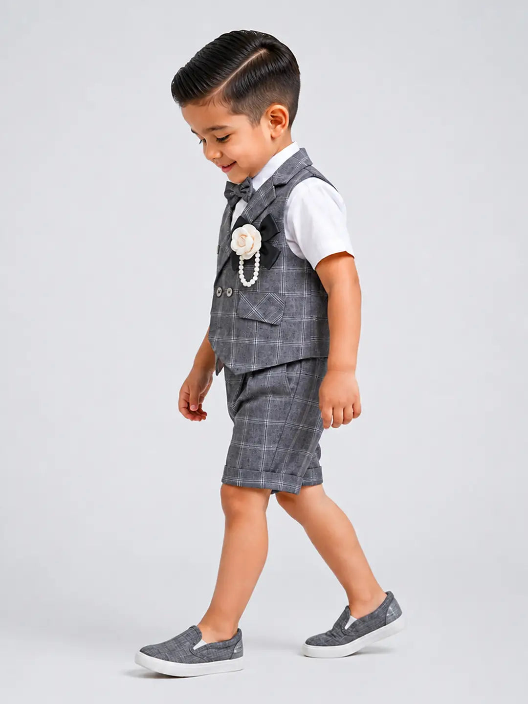 Grey checks High Low Waistcoat White Shirt & Shorts 3 Pcs Partywear Set with Bow Tie & Brooch accessory for Boys