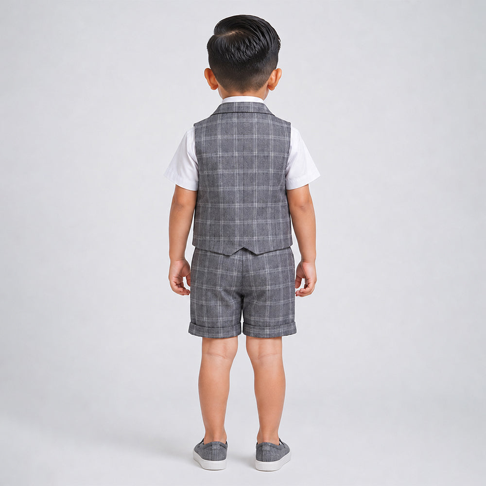 Grey checks High Low Waistcoat White Shirt & Shorts 3 Pcs Partywear Set with Bow Tie & Brooch accessory for Boys