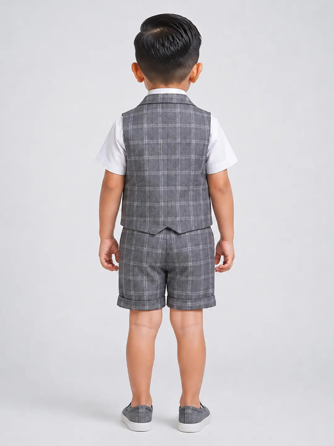 Grey checks High Low Waistcoat White Shirt & Shorts 3 Pcs Partywear Set with Bow Tie & Brooch accessory for Boys
