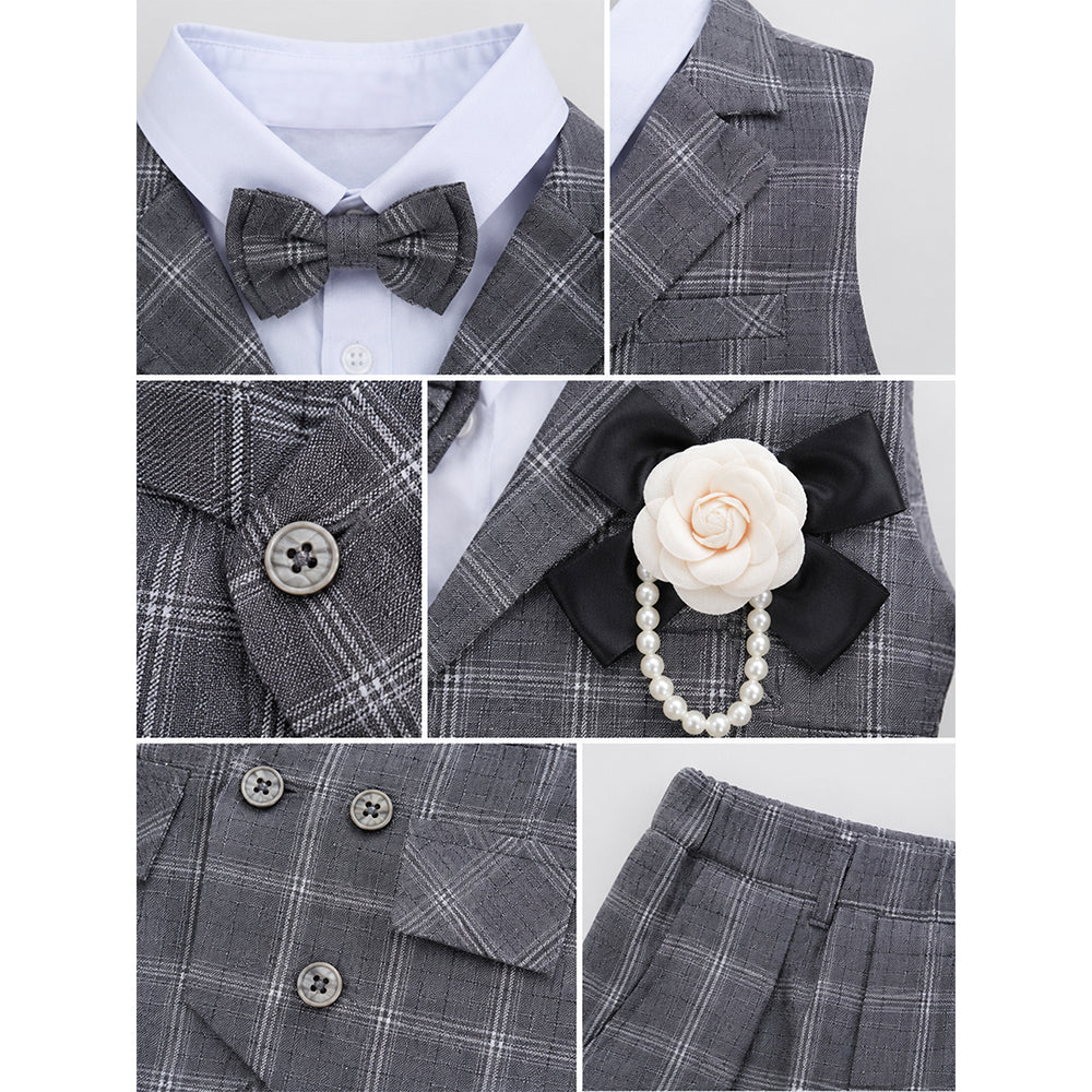 Grey checks High Low Waistcoat White Shirt & Shorts 3 Pcs Partywear Set with Bow Tie & Brooch accessory for Boys
