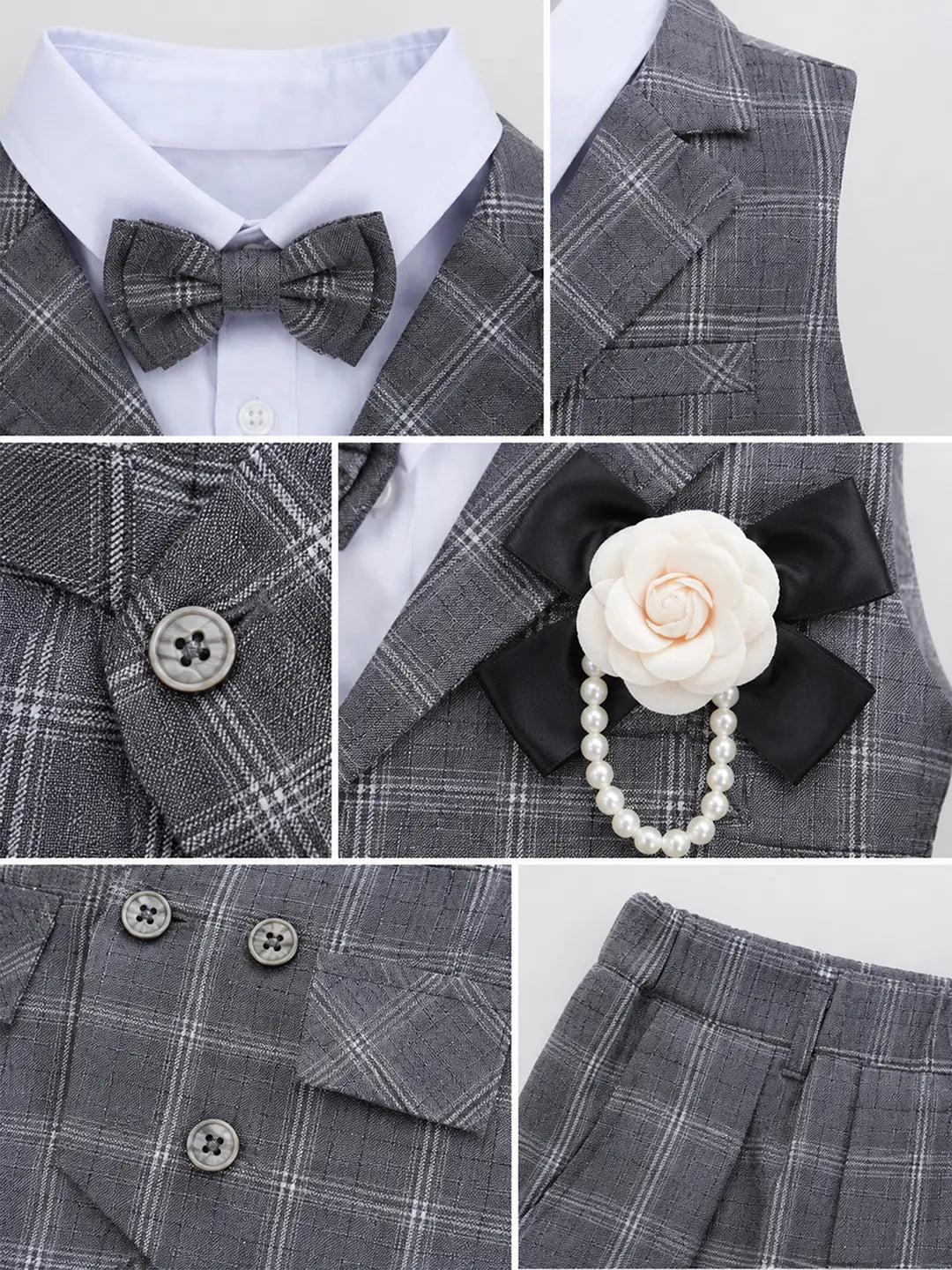Grey checks High Low Waistcoat White Shirt & Shorts 3 Pcs Partywear Set with Bow Tie & Brooch accessory for Boys