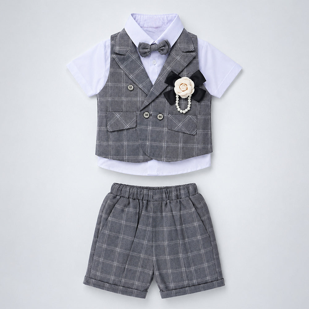 Grey checks High Low Waistcoat White Shirt & Shorts 3 Pcs Partywear Set with Bow Tie & Brooch accessory for Boys