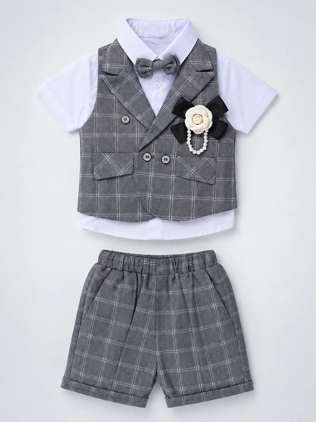 Grey checks High Low Waistcoat White Shirt & Shorts 3 Pcs Partywear Set with Bow Tie & Brooch accessory for Boys