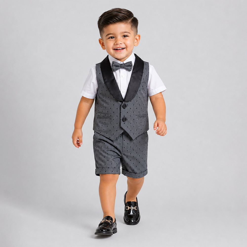 Grey Polka-Dot Waistcoat White Shirt & Shorts 3 Pcs Partywear Set with Bow Tie for Boys