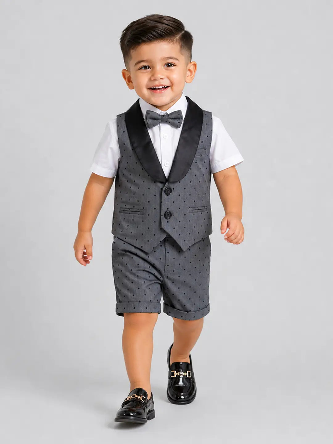 Grey Polka-Dot Waistcoat White Shirt & Shorts 3 Pcs Partywear Set with Bow Tie for Boys