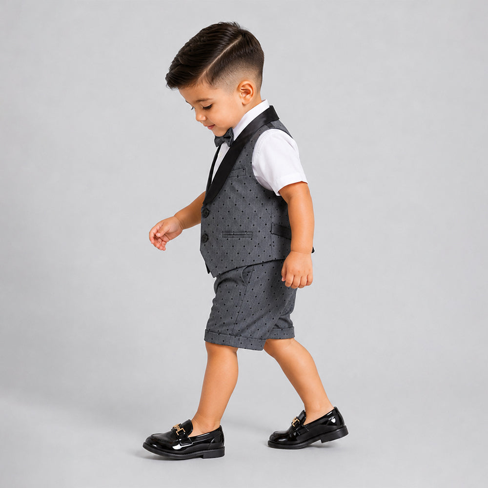 Grey Polka-Dot Waistcoat White Shirt & Shorts 3 Pcs Partywear Set with Bow Tie for Boys