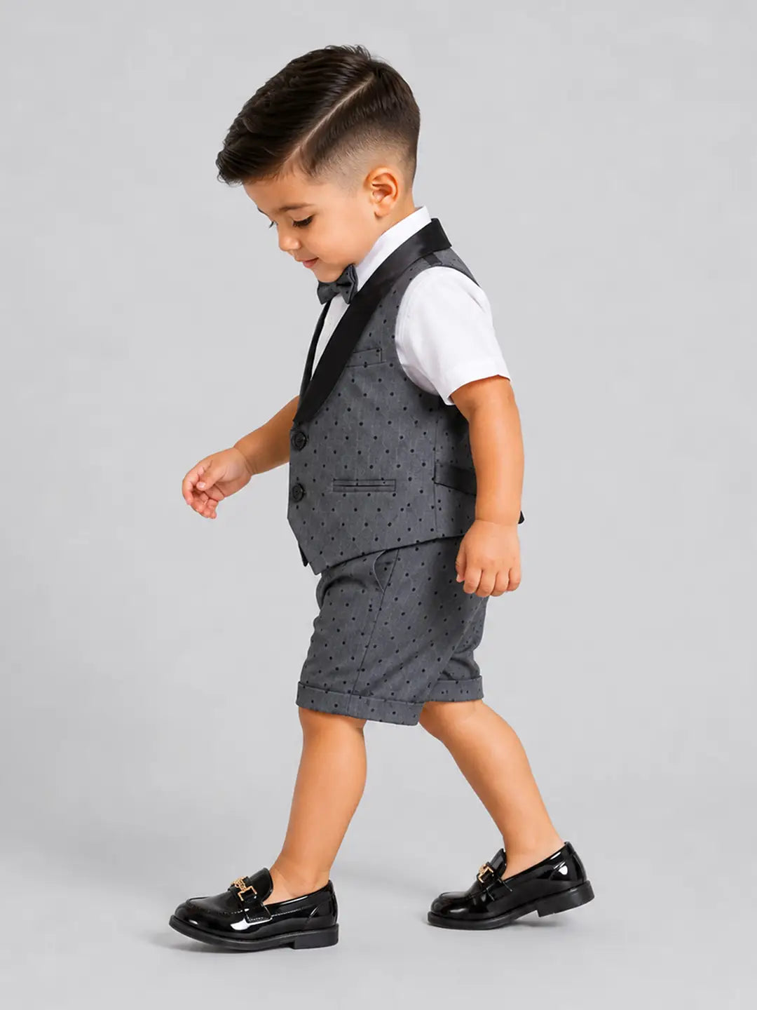 Grey Polka-Dot Waistcoat White Shirt & Shorts 3 Pcs Partywear Set with Bow Tie for Boys