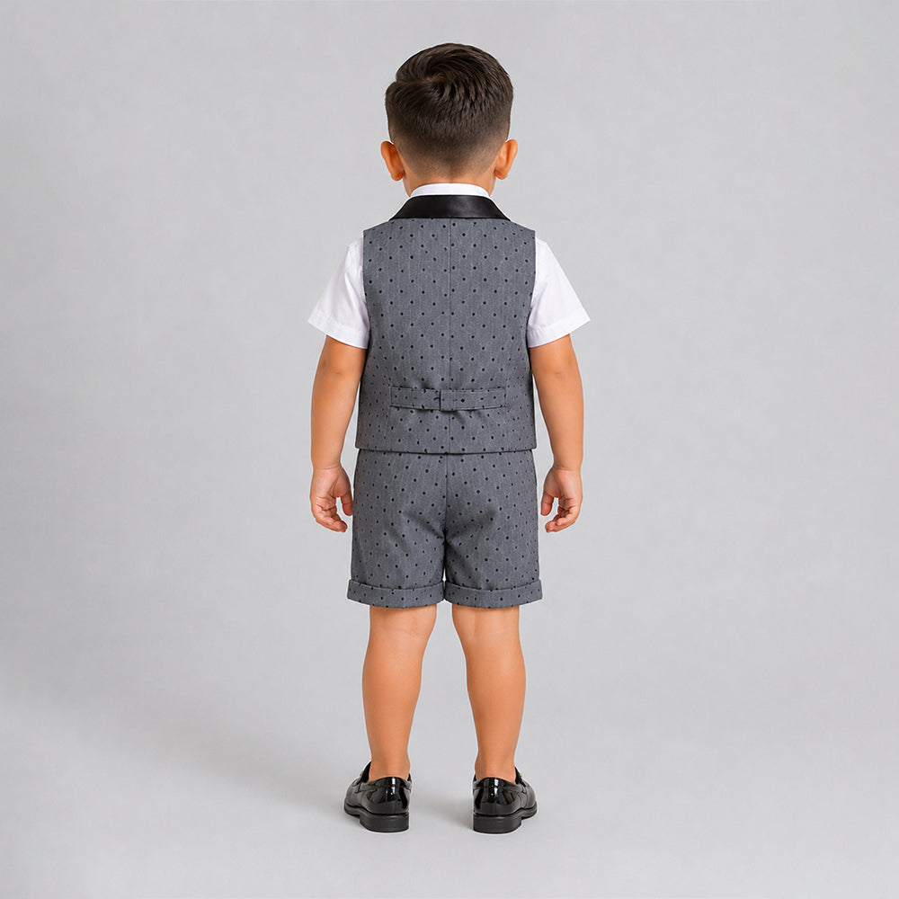 Grey Polka-Dot Waistcoat White Shirt & Shorts 3 Pcs Partywear Set with Bow Tie for Boys