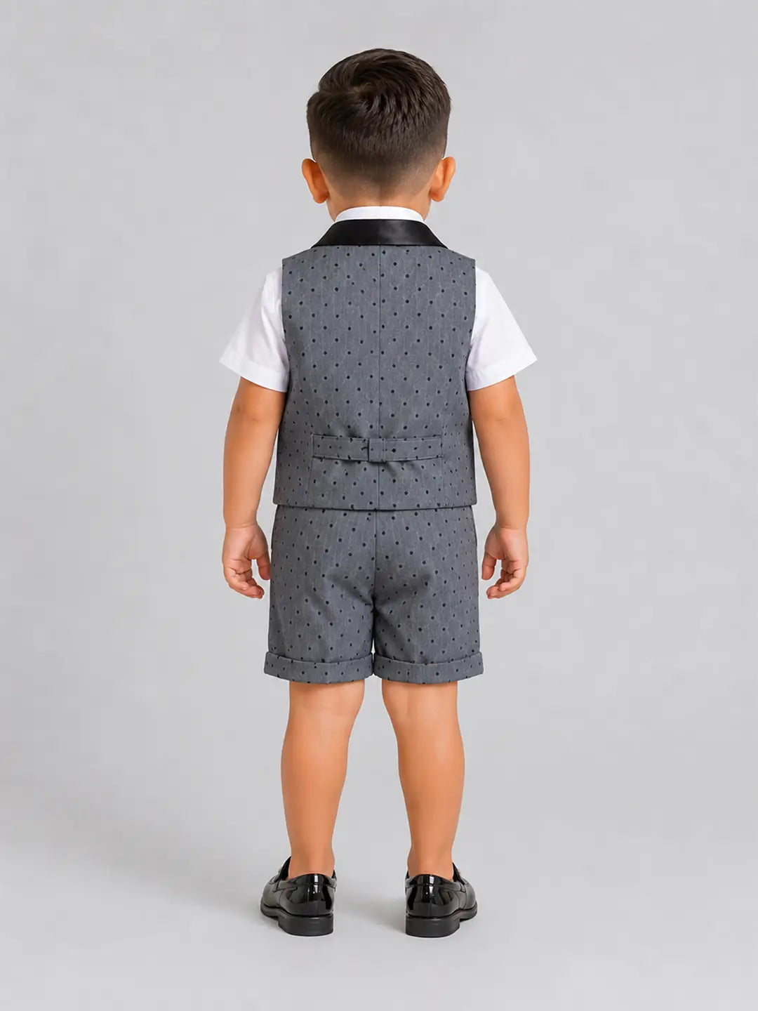Grey Polka-Dot Waistcoat White Shirt & Shorts 3 Pcs Partywear Set with Bow Tie for Boys
