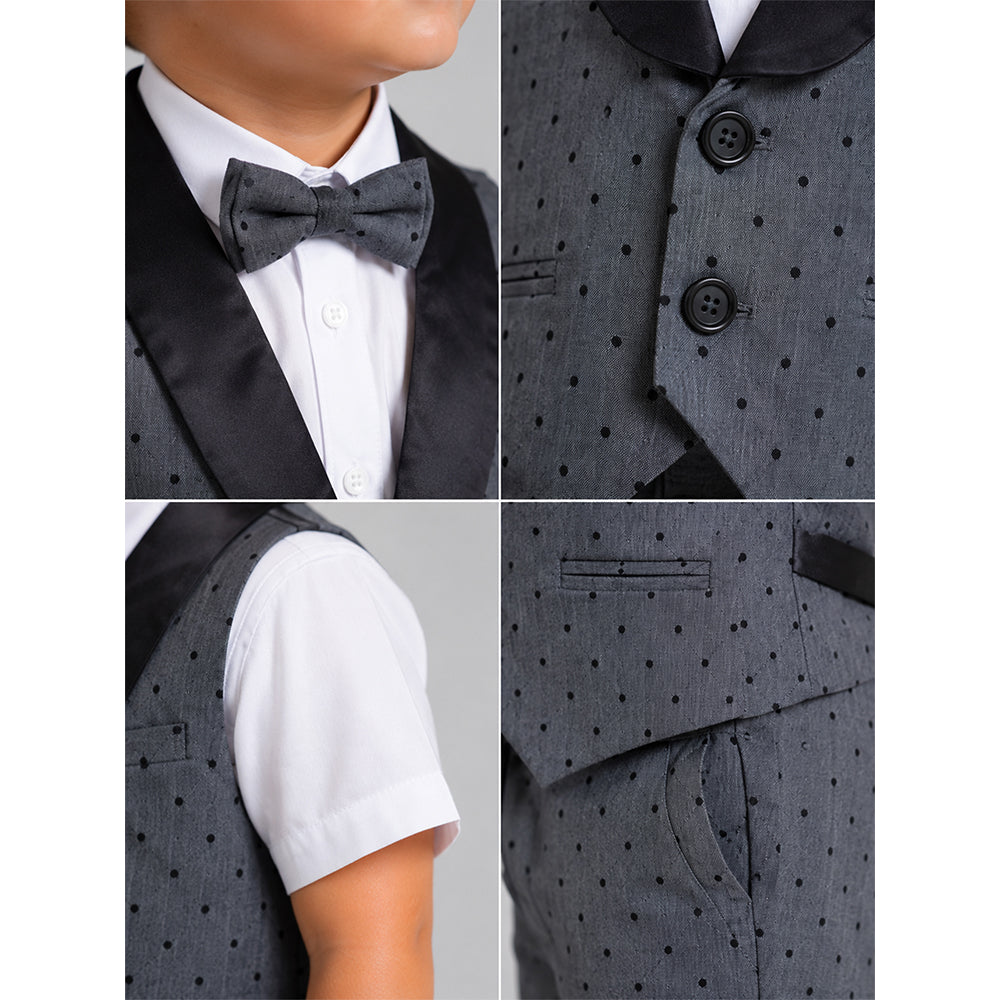 Grey Polka-Dot Waistcoat White Shirt & Shorts 3 Pcs Partywear Set with Bow Tie for Boys