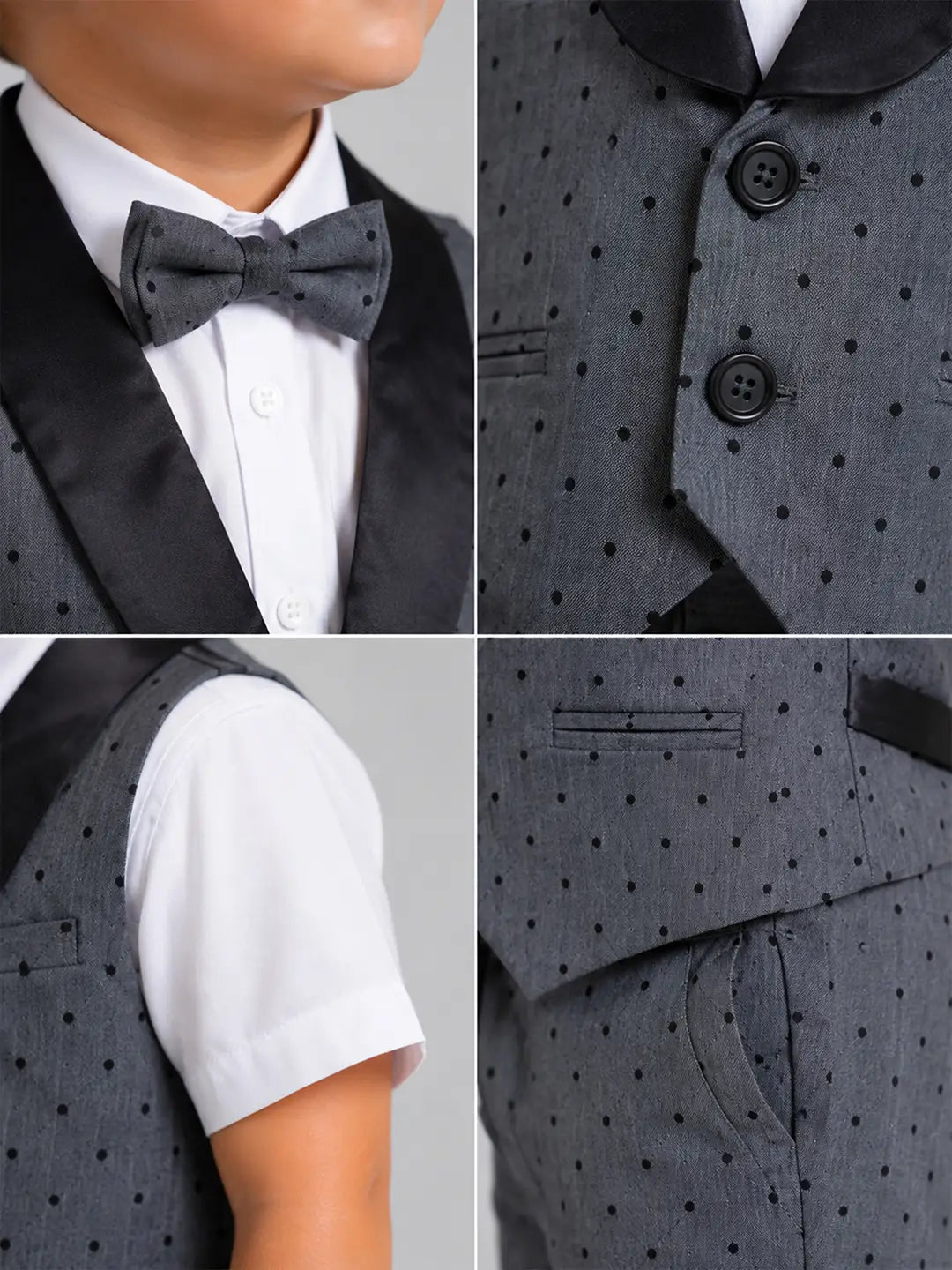 Grey Polka-Dot Waistcoat White Shirt & Shorts 3 Pcs Partywear Set with Bow Tie for Boys