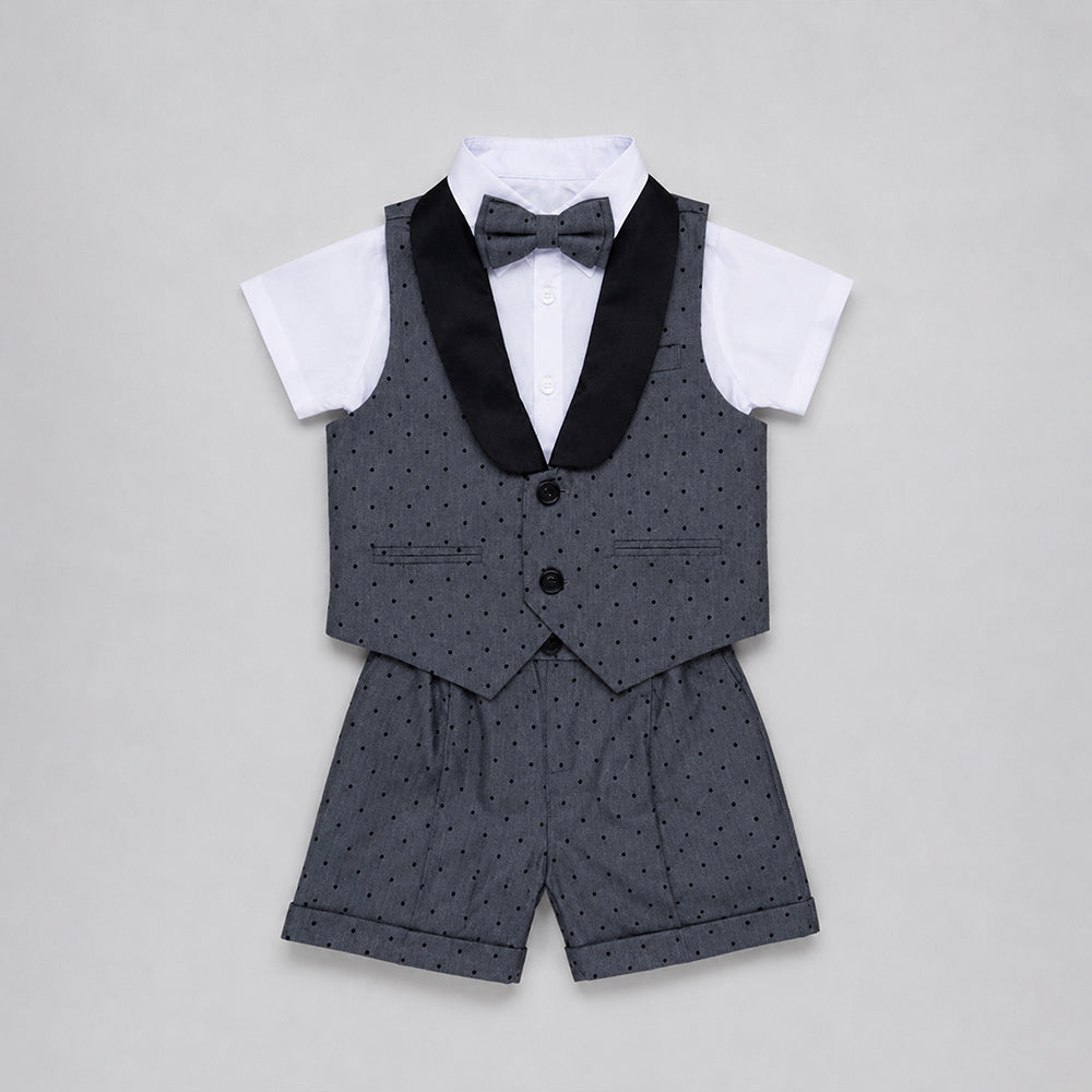Grey Polka-Dot Waistcoat White Shirt & Shorts 3 Pcs Partywear Set with Bow Tie for Boys