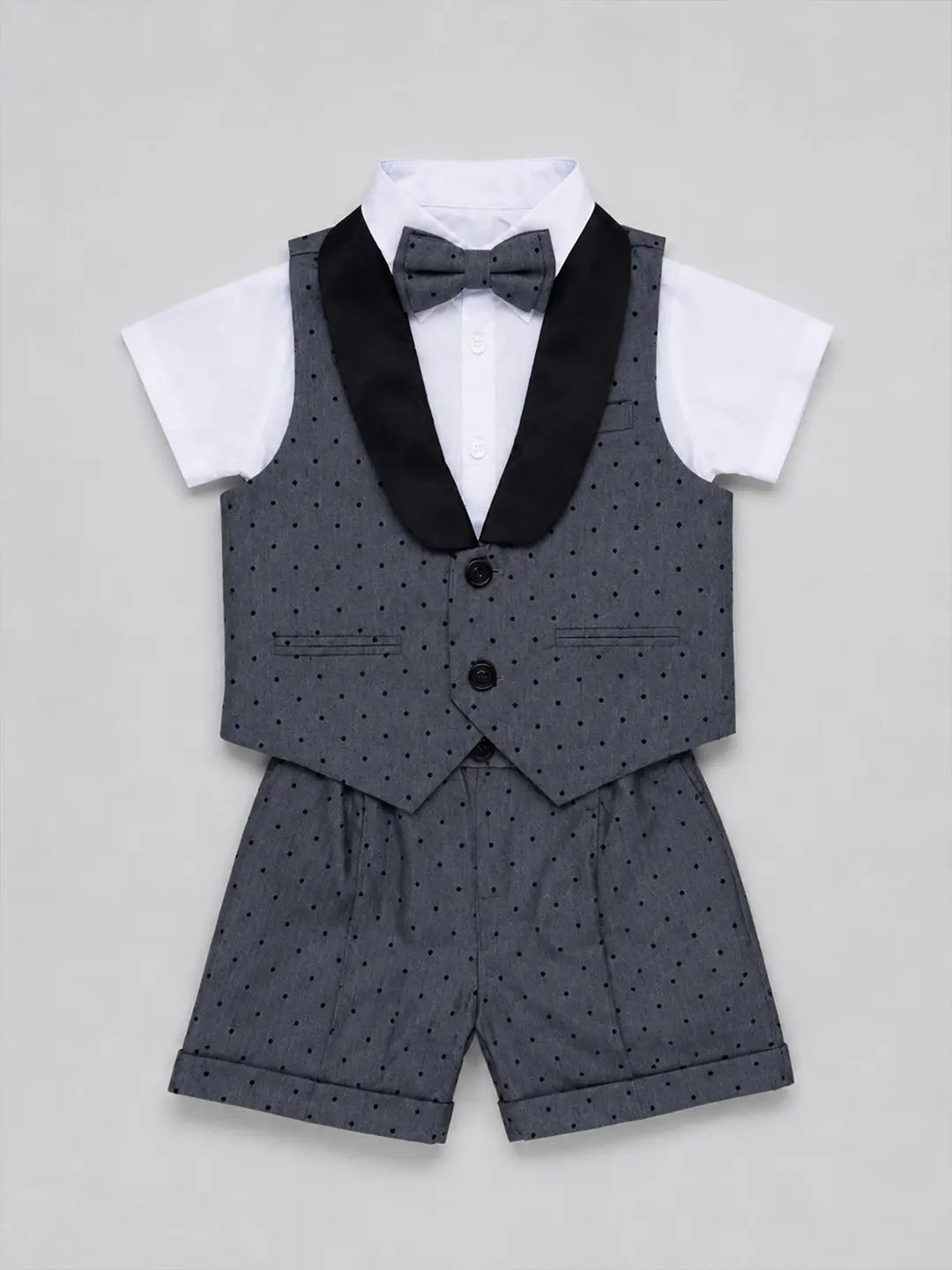 Grey Polka-Dot Waistcoat White Shirt & Shorts 3 Pcs Partywear Set with Bow Tie for Boys