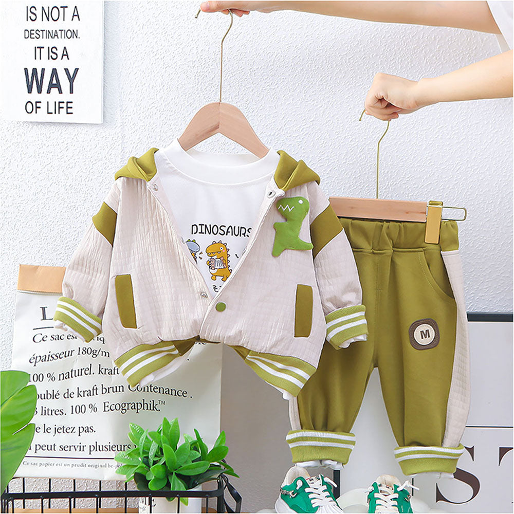 Green Dino Broach Designed Jacket 2 Pcs Track Suit Set For Toddlers And Kids