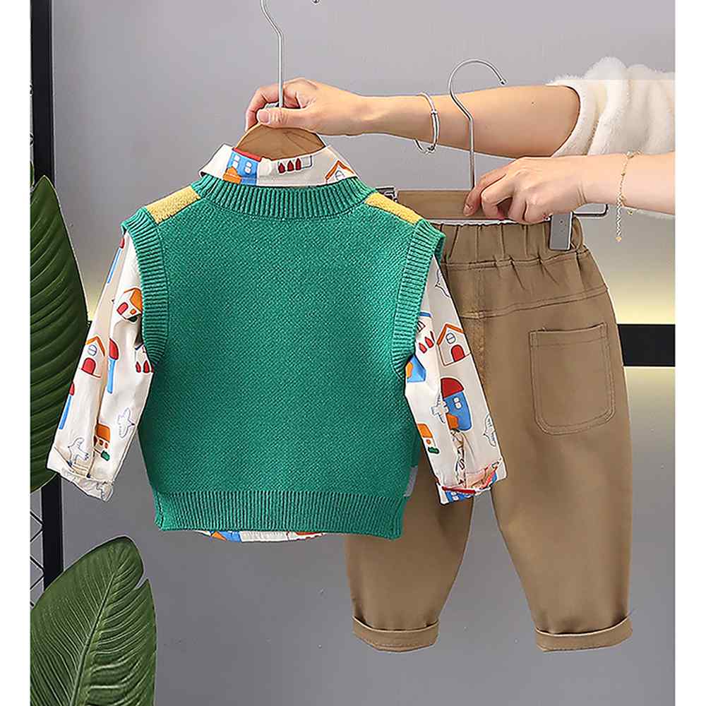 3pcs Green Village Theme Cardigan, Shirt and matching Pants set for Toddlers and Kids, winter and all season wear