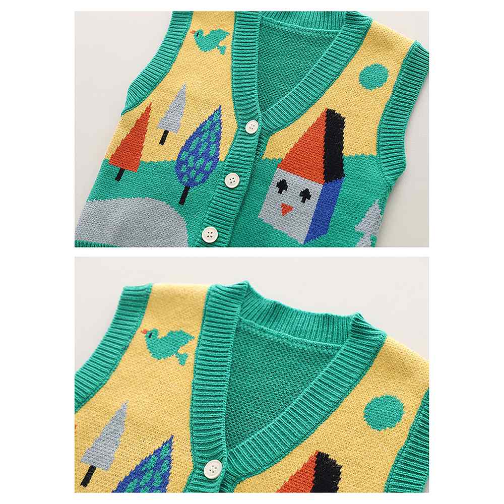 3pcs Green Village Theme Cardigan, Shirt and matching Pants set for Toddlers and Kids, winter and all season wear