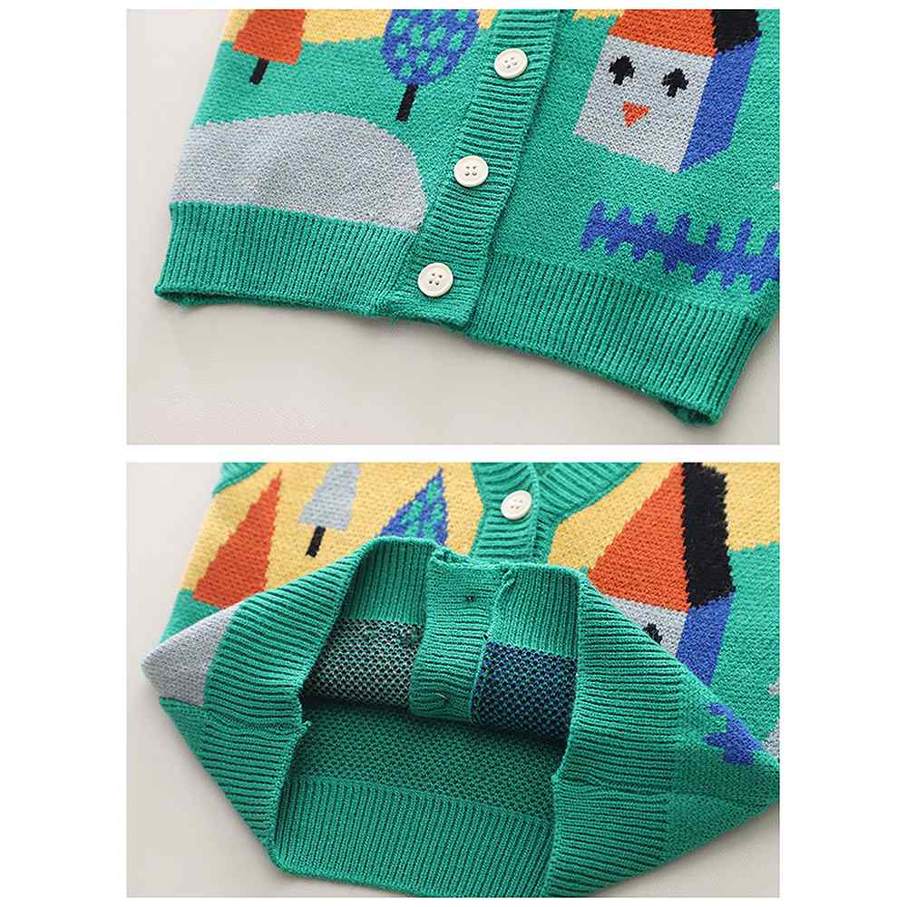 3pcs Green Village Theme Cardigan, Shirt and matching Pants set for Toddlers and Kids, winter and all season wear