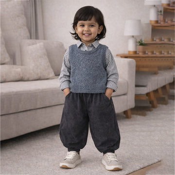 3 Pcs Set,Grey Balloon Pants with Knitted Vest & Checkered Shirt Partywear for Kids