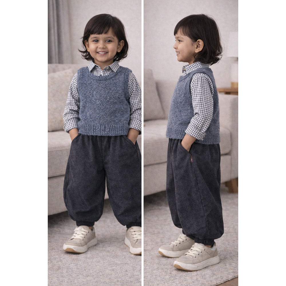 3 Pcs Set,Grey Balloon Pants with Knitted Vest & Checkered Shirt Partywear for Kids