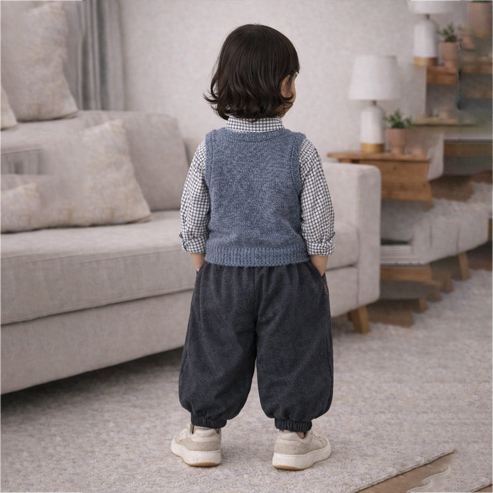 3 Pcs Set,Grey Balloon Pants with Knitted Vest & Checkered Shirt Partywear for Kids