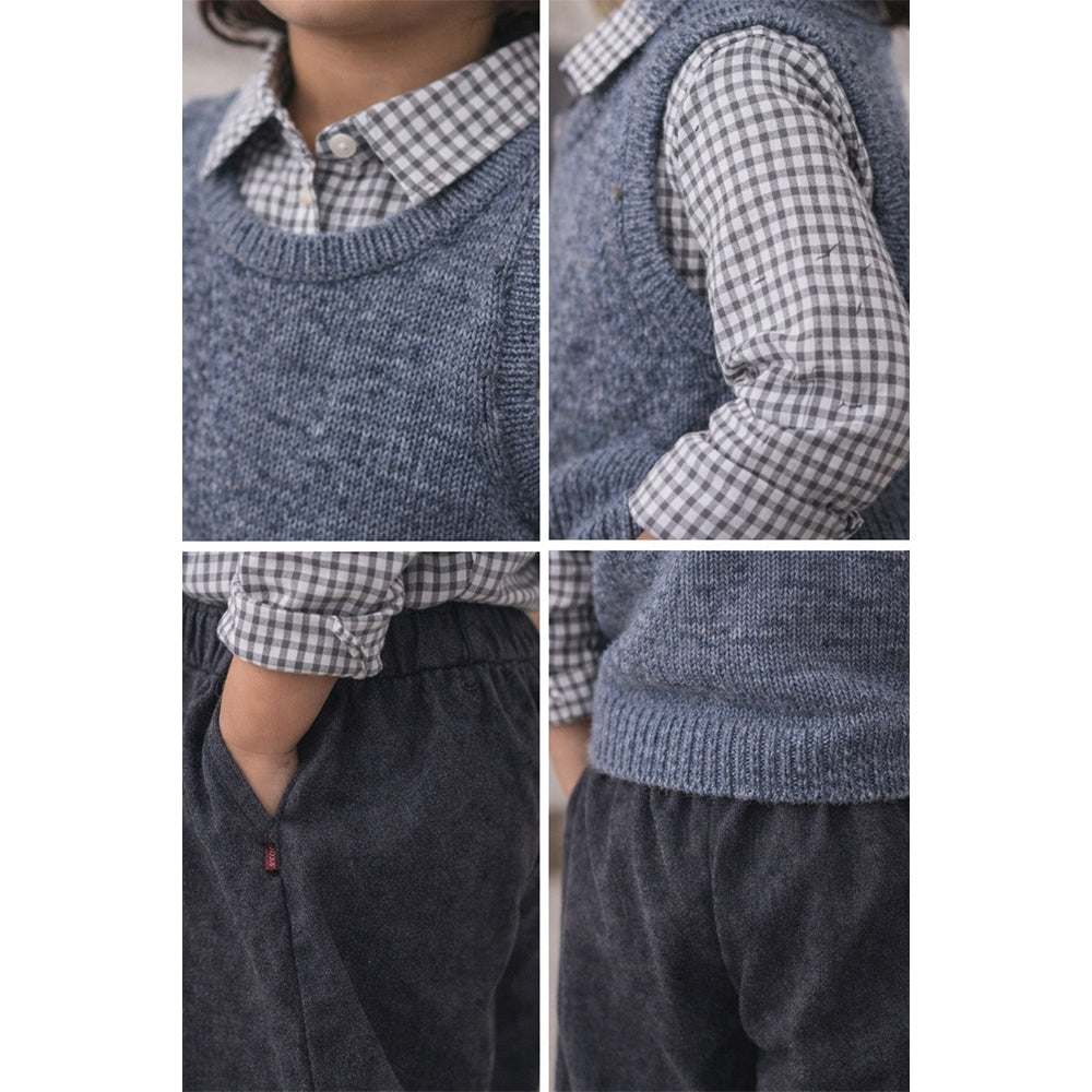 3 Pcs Set,Grey Balloon Pants with Knitted Vest & Checkered Shirt Partywear for Kids
