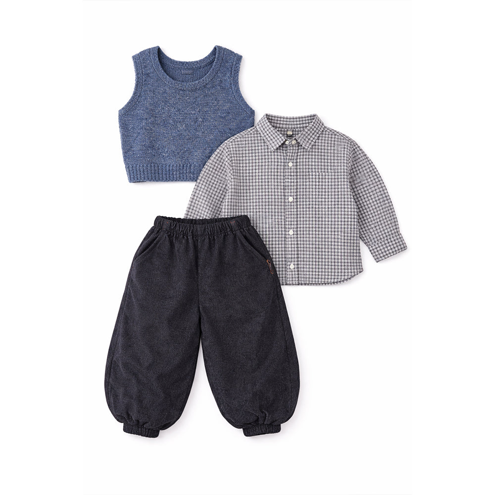 3 Pcs Set,Grey Balloon Pants with Knitted Vest & Checkered Shirt Partywear for Kids