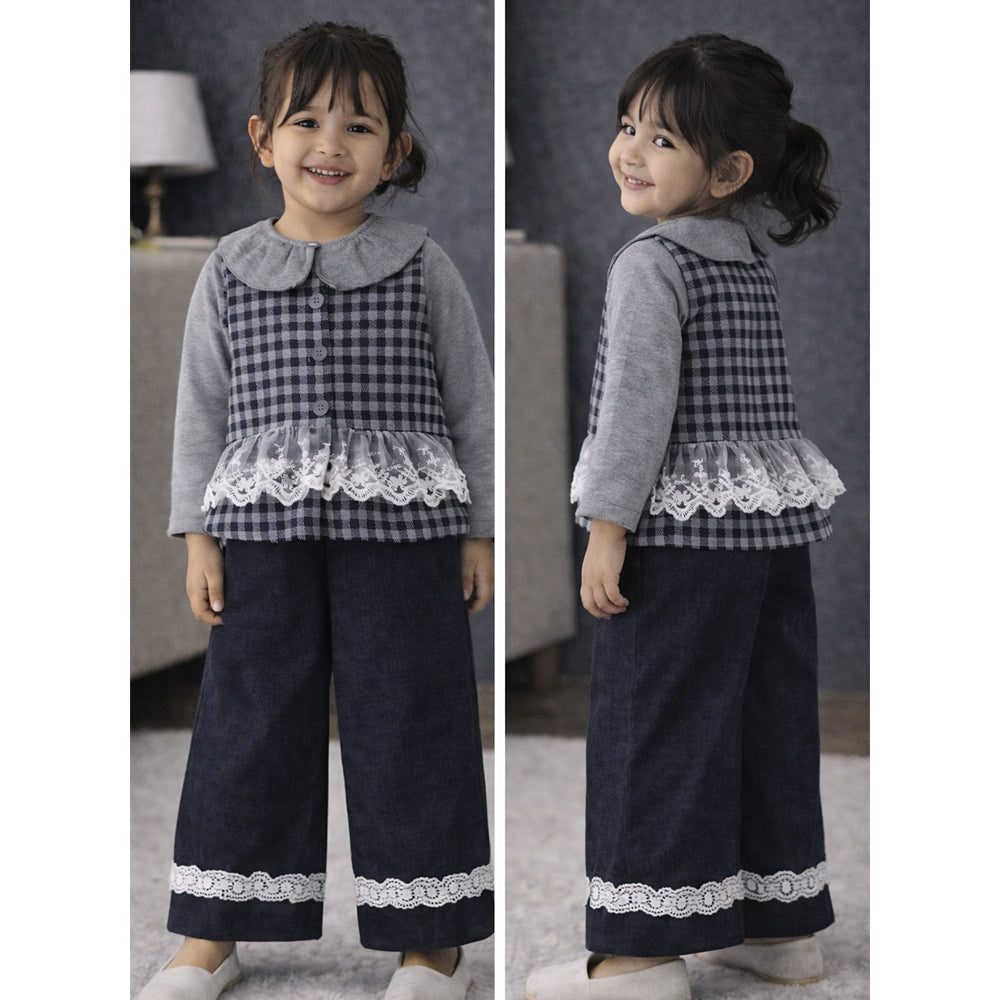 3 Pcs Set,Grey Checkered Frill vest with Grey Ruffled Top & Pants for Girls