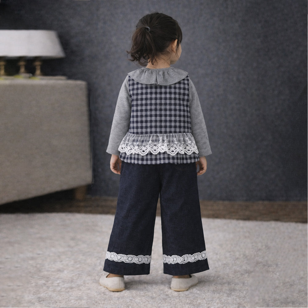 3 Pcs Set,Grey Checkered Frill vest with Grey Ruffled Top & Pants for Girls