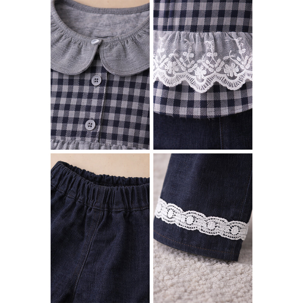 3 Pcs Set,Grey Checkered Frill vest with Grey Ruffled Top & Pants for Girls