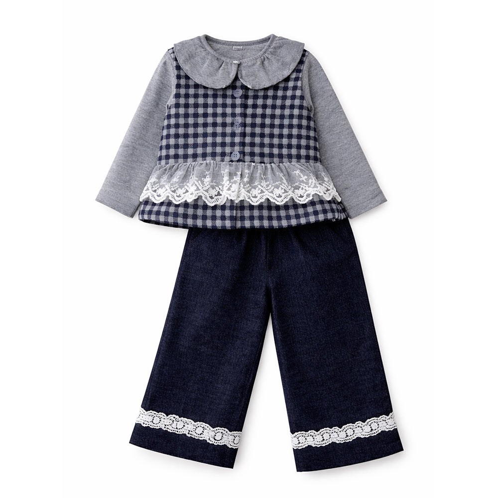3 Pcs Set,Grey Checkered Frill vest with Grey Ruffled Top & Pants for Girls