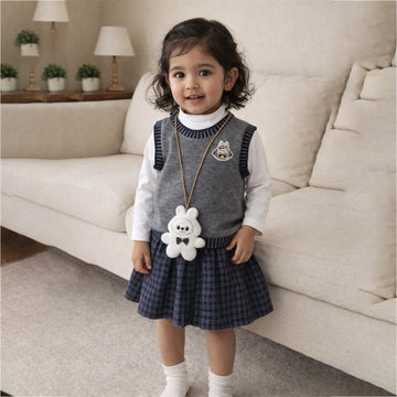 3 Pcs Set,Grey Labu Vest,Frill Inner T-shirt & Skirt partywear for Girls